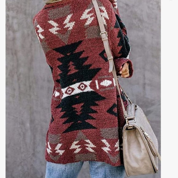 Boho Tribal Aztec Open Front Loose Slouchy Long Sleeve Sweater Cardigan - Picture 2 of 7